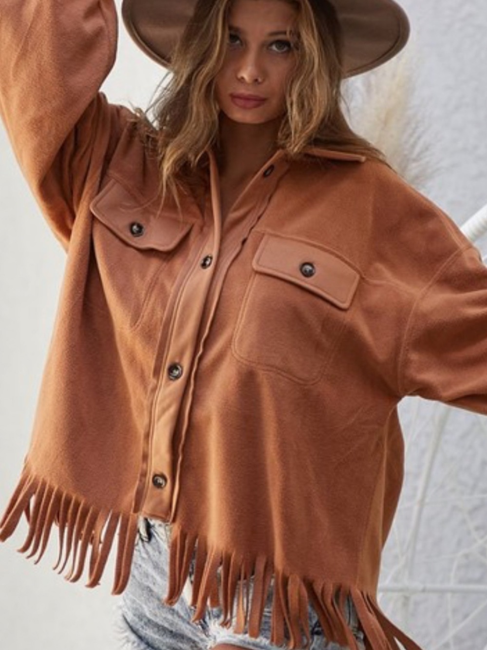 Bibi Fringed Button-Front Shacket- Camel Brown